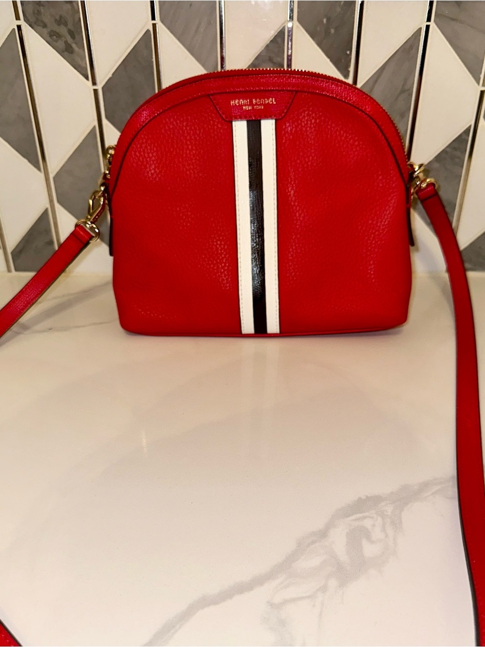 Henri Bendel Red Leather West 57th Stripe Crossbody Bag